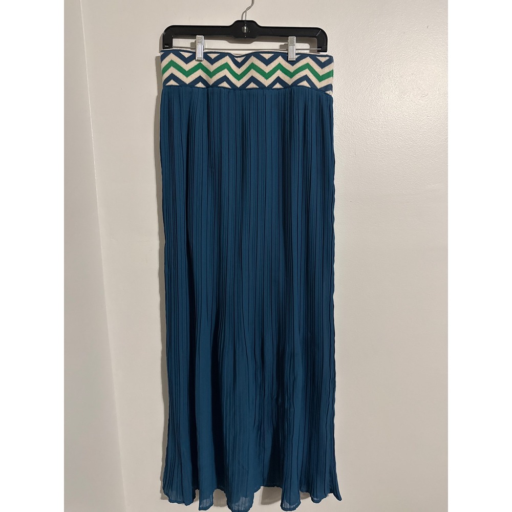 Lucy & Laurel Teal Blue Pleated Maxi Skirt Chevron Knit Waistband Medium